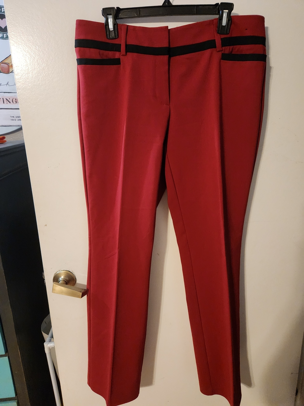 New York & Company Red Straight-Leg Trousers with Black Trim Size 10